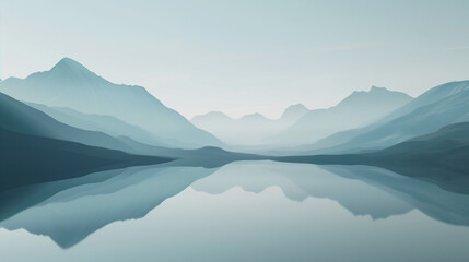Minimalist landscape, mountains and calm waters.