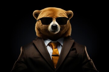 Funny bear with sunglasses in a suit on a black background.