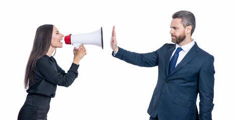 rivalry concept. business conflict. businesswoman yelling at employee with loudspeaker. businesspeople partner having conflict about promotion. businesspeople solving conflict. not accepting blame