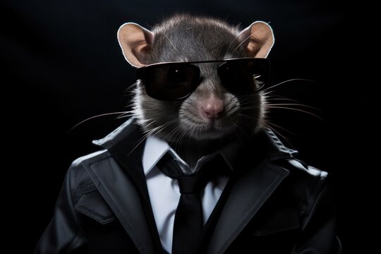 Funny rat with sunglasses in a suit on a black background.