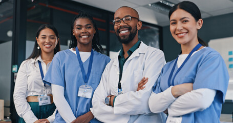 Healthcare, diversity and smile with doctors in hospital together for support, trust or treatment. Portrait, medical and team with professional medicine people in health clinic for collaboration