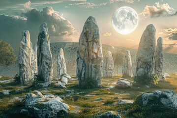 Ancient Secrets Unveiled The Enigmatic Stonehenge Standing Proud and Mysterious in the Moonlight, Radiating Timeless Power, Wisdom, and Intrigue That Captivates the Imagination. - obrazy, fototapety, plakaty