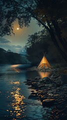 Camping tent on the river in the night
