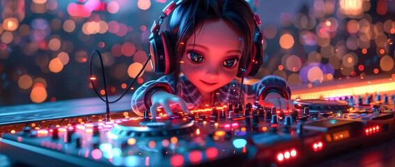 3D cartoon character DJing a house party with vibrant lights - obrazy, fototapety, plakaty