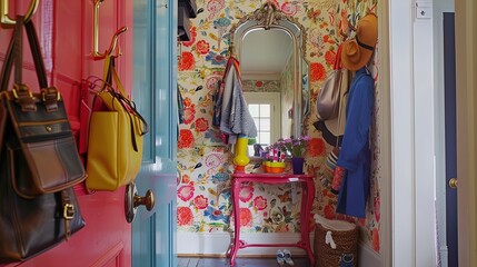 Vibrant eclectic entryway with floral wallpaper and vintage charm.