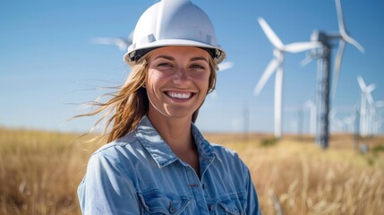 Portrait of a Confident Young Female Engineer Smiling Happily in a Wind Farm, Wearing a Protective Hard Hat, Posing with Confidence and Enthusiasm for the Camera in a Sustainable Renewable Energy Site