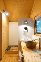 Bathroom interior in glamping. shower and toilet in the campsite.