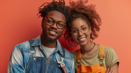 Young couple with repair tools on Coral color background professional photography - obrazy, fototapety, plakaty