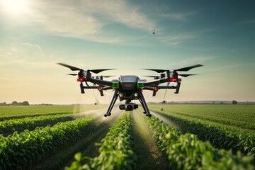 Flying drone spraying pesticides on green agricultural field to eliminate pests, modern technology of agriculture - obrazy, fototapety, plakaty