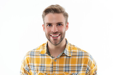 Face portrait. Caucasian casual guy. Man in checkered shirt isolated on white. Stylish man with stylish hairstyle. Trendy male fashion style. Male casual style. Male hairstyle