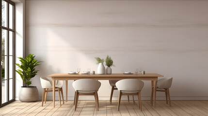 Fototapeta na wymiar Scandinavian farmhouse dining room interior, wall mockup