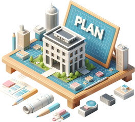 3D flat icon with wording Plan on an project management drafting board with a 3D model of a building with isolated white background and cute style