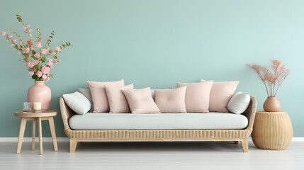 Vintage room in light pastel colors with modern sofa and rattan table