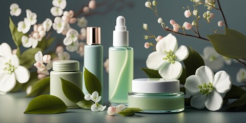 Closeup various organic cosmetic products, springtime bright background. Natural beauty care. Horizontal banner. - obrazy, fototapety, plakaty