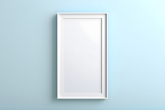 Vertical white frame mockup close up on wall painted pastel blue color