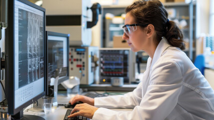 Female scientist examining visual test data on a computer monitor in the lab