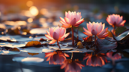 Serenity pond meditation background lotus flowers peace, background, wallpaper, warm day light 