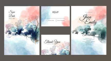 Vector watercolor village landscape wedding invitation template