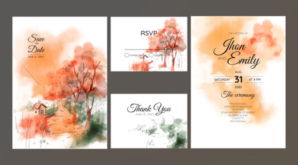Vector watercolor village landscape wedding invitation template