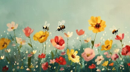 A zoomedin shot of bees pollinating a field of brightly colored wildflowers highlighting the important role of pollinators in agriculture. - obrazy, fototapety, plakaty