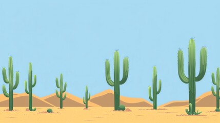 Desert landscape featuring majestic cacti under a clear blue sky flat minimal design