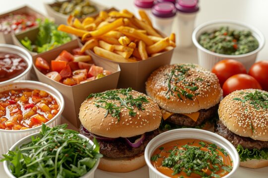 Fast food dish and health food on white background. Top view of Hamburger Burger Cheeseburger, franch fries and ketchup.