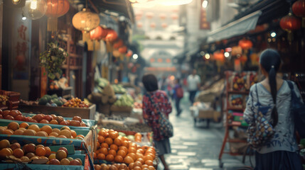 Colorful Fruit Basket at a Vibrant Traditional Market
 - obrazy, fototapety, plakaty