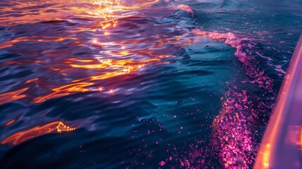 Underwater view of a yachts lights revealing a beautiful and intricate pattern of bright red purple and yellow hues amidst the dark blue ocean.