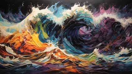 A colorful wave crashes.