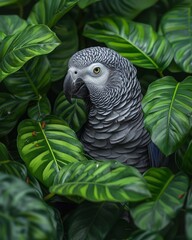 African grey parrot  sitting on branch of tree in green jungle. Cute colorful wild African grey parrot of from tropical forest. Exotic domestic pet concept  for pet shop with free place for text.