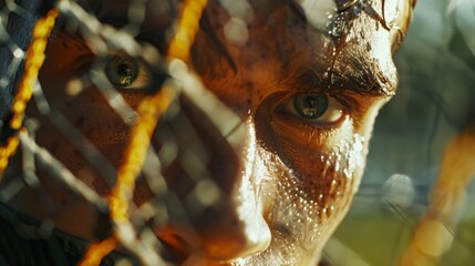 A shot of a goalkeepers fiery gaze as they try to intimidate their opponent during a corner kick.
