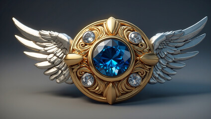 A winged emblem with a blue gem. A winged gold and silver brooch with a blue gem. - obrazy, fototapety, plakaty