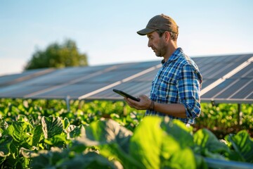 Male farmer in a plaid shirt standing in a lush green field of cabbages, using a tablet to monitor the growth of his crops. In the background, solar panels soak up the suns rays. - obrazy, fototapety, plakaty