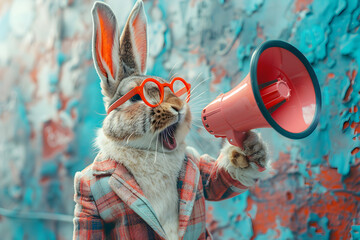 This colorful art collage features an easter bunny with a megaphone, promoting business discounts and job information, ideal for holiday ad campaigns and marketing promotions. - obrazy, fototapety, plakaty