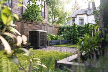 Scenic View of an Air Conditioning Unit in a Beautifully Landscaped Backyard with a Cozy House Surrounded by Vibrant Green Trees and Colorful Flowers on a Bright Summer Day.