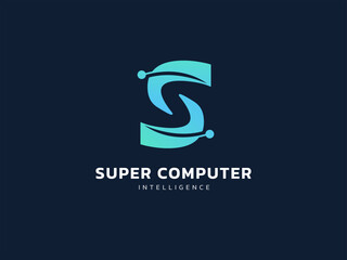 Artificial intelligence letter "S" supercomputer technology Analysis logo vector design concept. Letter S logotype symbol for Supercomputer, AI technology, verify, audit, follow, controller, big data.
