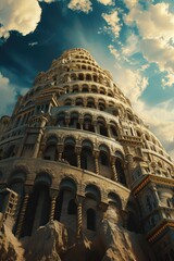 A monumental Tower of Babel pierces the sky, symbolizing human ambition, cultural diversity, unity and discord, human endeavor and divine intervention in this iconic biblical scene