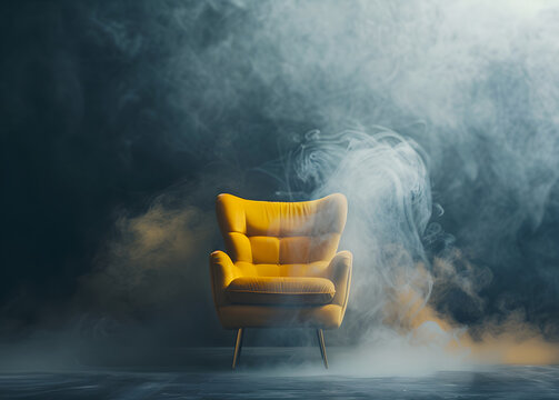 Standing Out from the Crowd: White and Yellow Chairs Amidst Smoke and Steam in Dimly Lit Room