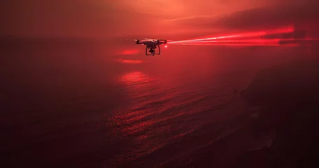 Papier Peint photo Lavable Bordeaux Drone Scanning the Sea at Sunset: Daylight Adventure with Red Laser Beam