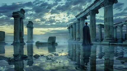 Ethereal Ancient Ruins Submerged in Water at Sunset - obrazy, fototapety, plakaty