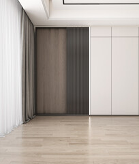 Empty room and home interior design with gray and white wall, free space with wooden floor,  curtain and window, modern classic blank space, 3d rendering