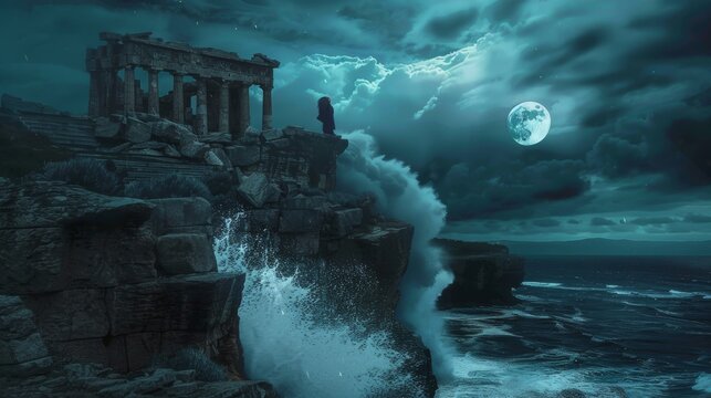 A battle-weary vampire atop a cliff, watching a tsunami engulf an ancient Greek amphitheater under a full moon. 