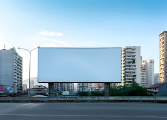 Obraz premium Illuminated Billboard Mockup, in the Background Towers Over Bustling Streets