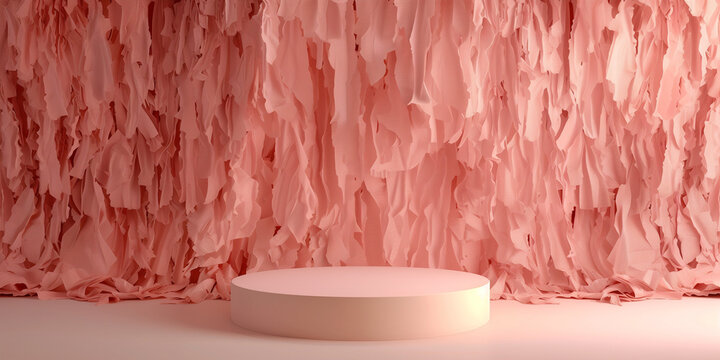 round plinth stage surrounded by pink hanging streamers plain studio backdrop