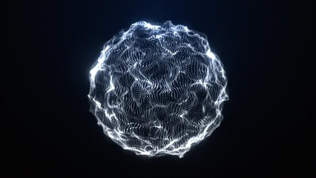 Abstract liquid geometric sphere. Smooth movement on a dark background. Energy sphere of bright particles in the Universe. High quality 4k footage