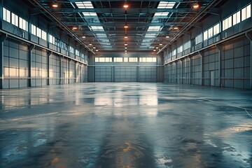 Spacious minimalist industrial warehouse interior with large windows and illuminated ceiling