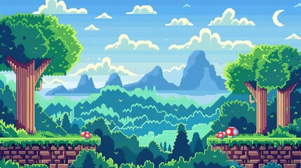 8-bit video game world illustration, retro gaming concept art
