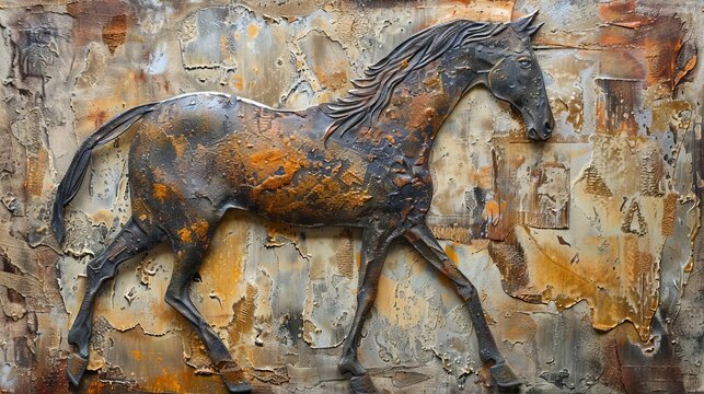Abstract metal horse sculpture with textured background, modern art oil painting