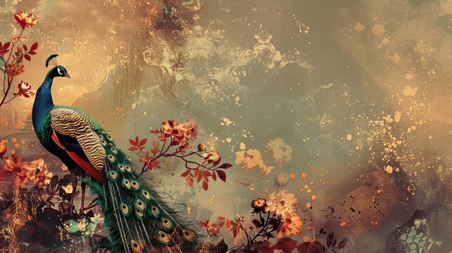 Artistic vintage illustration with abstract floral elements, peacocks, and gold textures