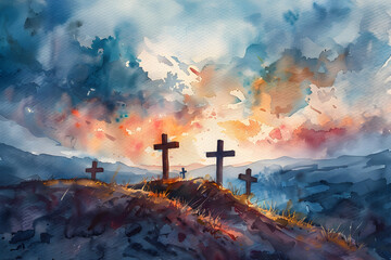 Watercolour painting depicting crosses on Mount Calvary on Good Friday, capturing the solemn and spiritual atmosphere of the religious event